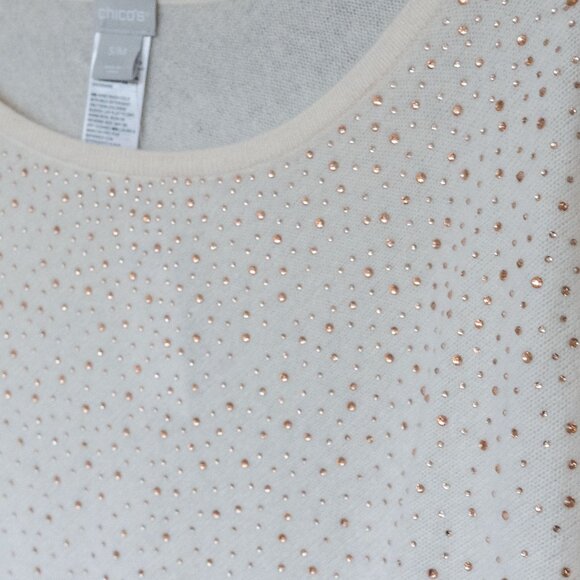 Chicos Cashmere Poncho Sweater Rhinestone Ivory Asymmetrical Wool Bedazzled - Picture 5 of 16